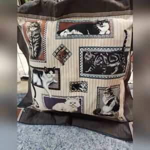 Vtg Tapestry Cat Throw Pillow Needlepoint Kitty Granny Core 24 In